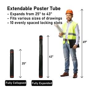 Carry Case Tube For Art Posters Drawings Extendable Telescoping Black Plastic